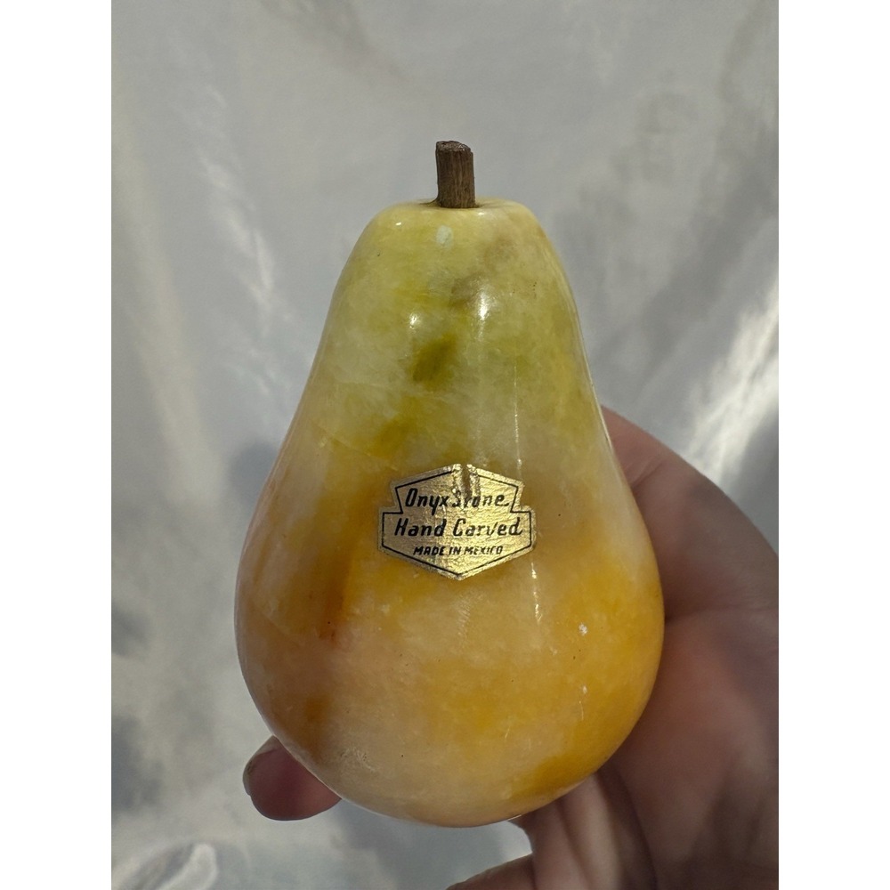Onyx stone decorative pear fruit figurine yellow green Mexico Original sticker
